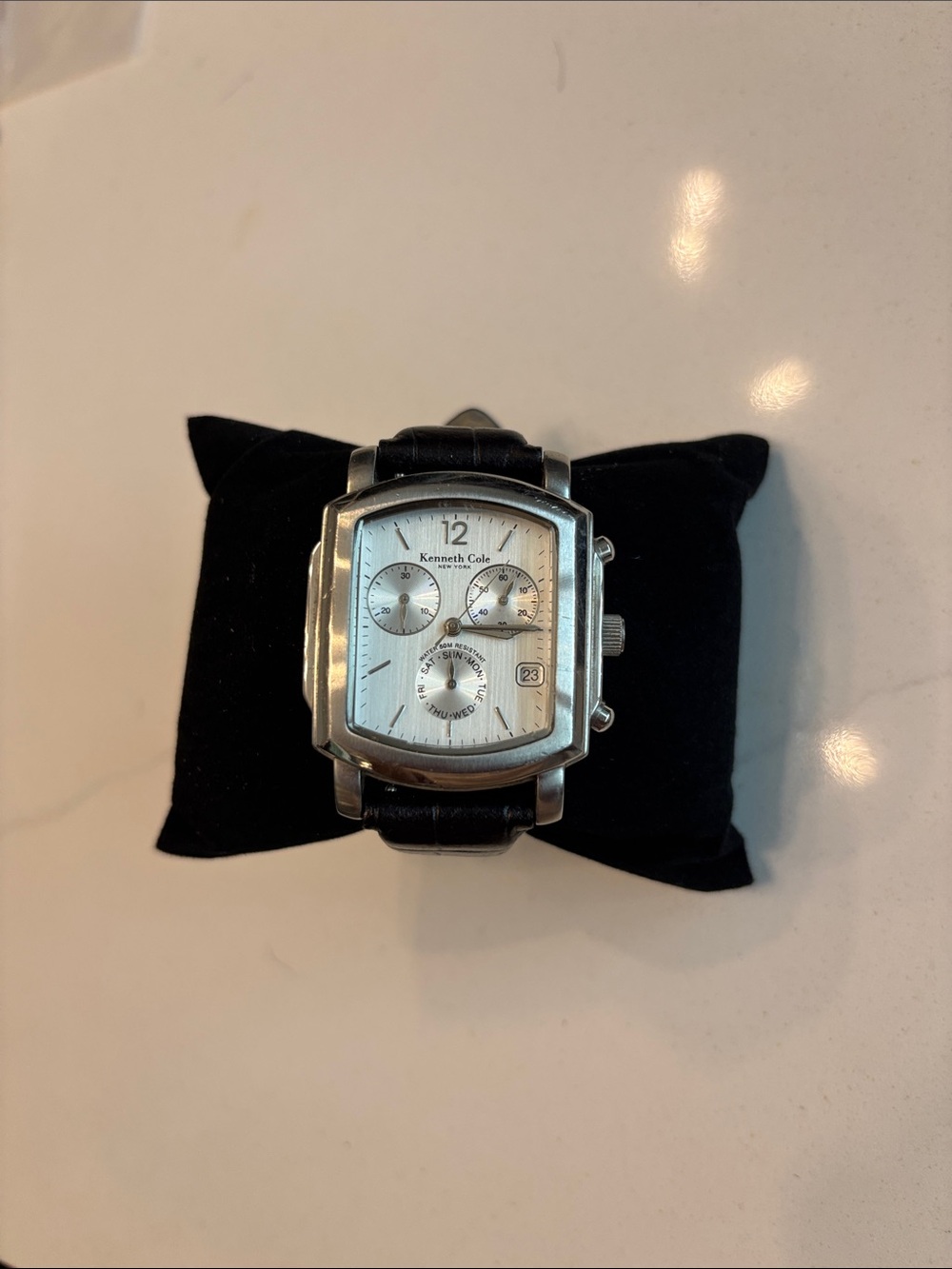 Kenneth Cole Silver Case White Dial Black Leather Strap Chronograph Watch